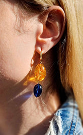 Multi-Color Amber Nugget Dangle Earrings 14k Gold Plated